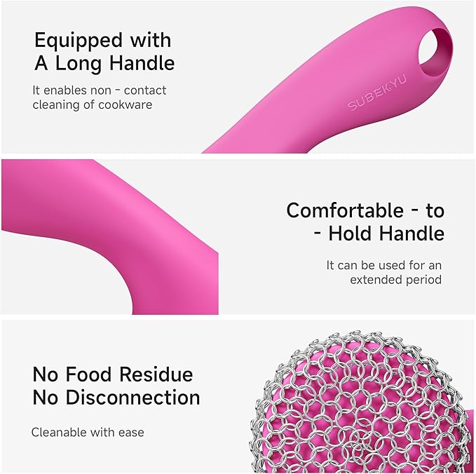 SUBEKYU Cast Iron Scrubber with Silicone Handle, Stainless Steel Skillet Cleaner for Cast Iron Pans (Pink)