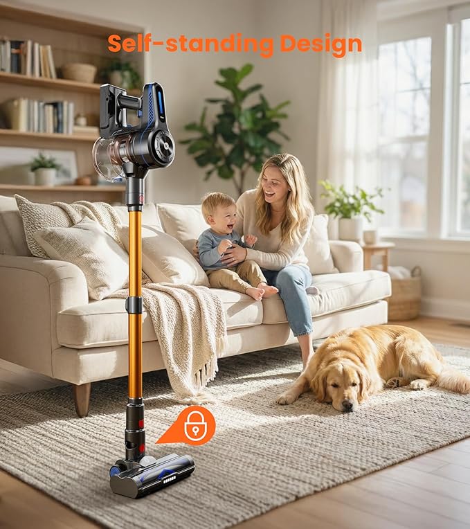 NADALY Cordless Vacuum Cleaner, 500W 40KPA Stick Vacuum with 45min Runtime, Anti-Tangle Self-Standing Vacuum Cleaners for Home, Lightweight Vacuum for Hardwood Floor/Carpet/Pet Hair, Bronzed Gold