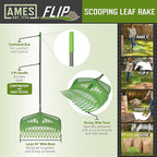 Flip Scooping Leaf Rake, Heavy Duty Lawn and Yard Care, Extra Wide Head, Green