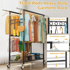 Heavy Duty Clothes Rack Load 960LBS, Three Rods Rolling Clothing Racks for Hanging Clothes, Rolling Garment Rack With Sturdy Wheels Shelves Hooks, Portable & Adjustable Commercial Garment Rack, Black
