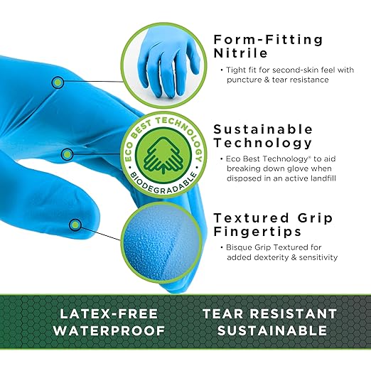 SHOWA 7500PF Sustainable EBT Latex-Free, Powder-Free, Nitrile Disposable Single Use Safety Gloves, 4 Mil, 9.5" Length, XX-Large (1 Box/90 Gloves)