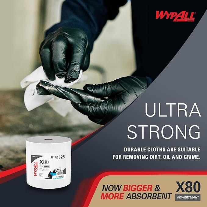 WypAll PowerClean X80 Cloths Heavy Duty Wipes (41025), Jumbo, Extended Use Towels, White (1 Roll of 455 Sheets, 455 Sheet Total)