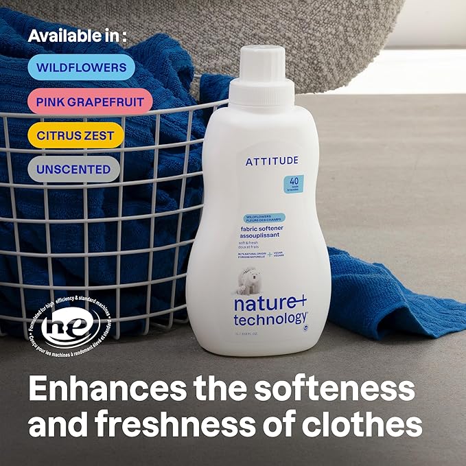 ATTITUDE Liquid Fabric Softener, Plant-Based & Vegan, HE Compatible, Naturally Derived, Wildflowers Scent, 40 Loads, 33.8 Fl Oz