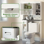 Over The Toilet Storage Cabinet with 7 Shelves, Imitation Walnut Grain Above Toilet Bathroom Organizer with Toilet Paper Holder Stand, Space Saver for Restroom, Laundry, Bathroom (White)