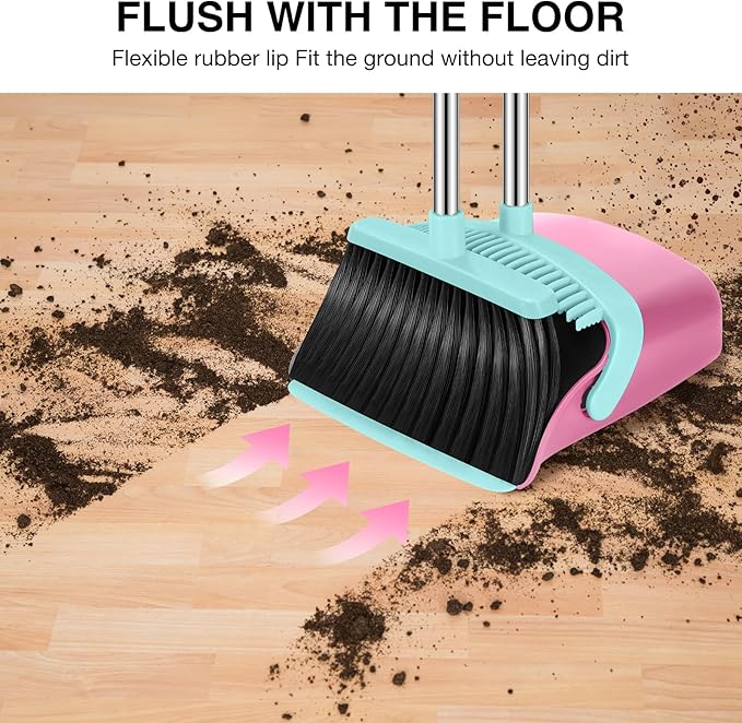 Broom and Dustpan Set, 52-in Long Adjustable Handle Broom Dustpan Combo with Dust pan Teeth to Automatically Clean Hair Suitable for Home Kitchen Office Hall Floor（Pink&Blue）