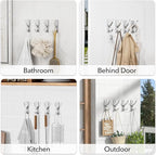 pickpiff Silver Self Adhesive Coat Hooks for Hanging: 13LB Extra Strong Stainless Wall Hook for Towel, Utensil, Backpack, Hat, Sturdy Metal Hanger for Bathroom, Kitchen, Door, 4-Pack