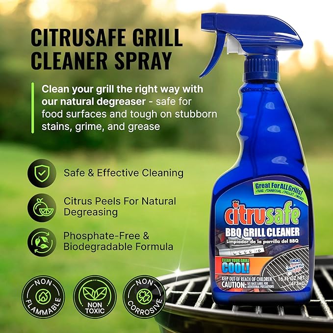 Citrusafe BBQ Grill Cleaner Spray for Outdoor Grill 16 OZ – Safe Heavy Duty Cleaner for Burnt Food & Grease – Degreases & Cleans Grates, Racks, Pellet, Ovens, Flat Top Grills, and Electric Smokers