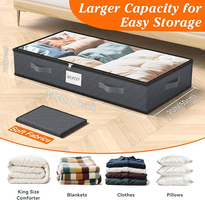 SpaceWhisper 90L Under Bed Storage Containers, 8-Pack Storage Bins with Clear Top, Foldable Closet Organizers and Storage with Label Holder for Clothing, Blankets, Comforter & Pillows (Grey)