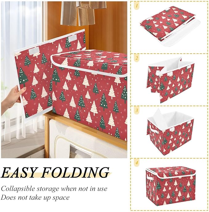 Large Storage Bins with Linen Collapsible Foldable Storage Cubes Fabric Closet Organizer Containers box with Flip-Top Lid for Home Bedroom Office 16.7 x 12.6 x 11.8in (Linen-red Christmas Trees)