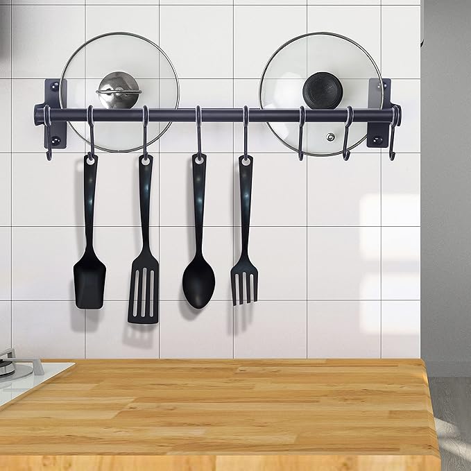 Dseap Pot Rack - Pots and Pans Hanging Rack Rail with 8 Hooks, Double Bars, Pot Hangers for Kitchen, Wall Mounted, Black, Pack of 2
