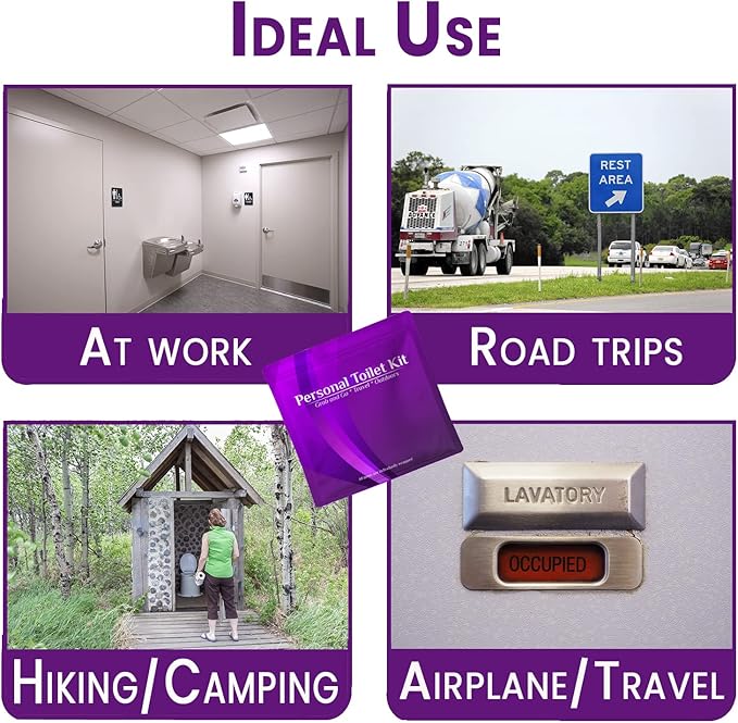 pH Advantage 3 x Personal Toilet Kit | Public Restroom Kit | Toilet Paper, Toilet Seat Cover, Butt Wipes, Cleansing Wipes (Purple)