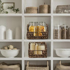 Casafield Set of 2 Water Hyacinth Pantry Baskets with Handles - Espresso, Woven Storage Bin Organizers for Kitchen Shelves, Medium and Large Sizes