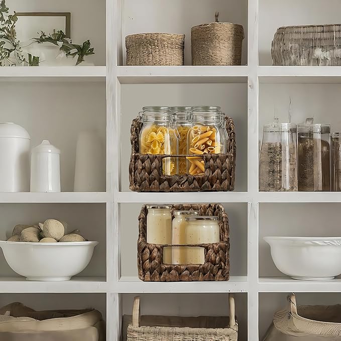 Casafield Set of 2 Water Hyacinth Pantry Baskets with Handles - Espresso, Woven Storage Bin Organizers for Kitchen Shelves, Medium and Large Sizes