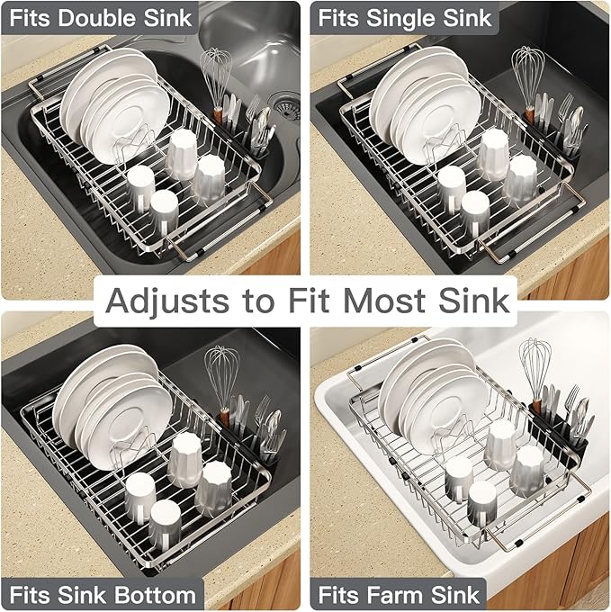Small Expandable Over The Sink Dish Drying Rack Drainer In Stainless Steel Metal For Kitchen, Counter Space Saving Compact Above Plate Dryer Strainer, Adjustable Hanging Inside Sink Wire Drain Holder