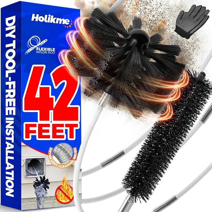 Holikme 42 Feet Dryer Vent Cleaner Kit - Lint Remover,Flexible Lint Brush with Drill Attachment, Fireplace Chimney Brushes for Easy Cleaning, Extends Up to 42 Feet, Use with or Without a Power Dril