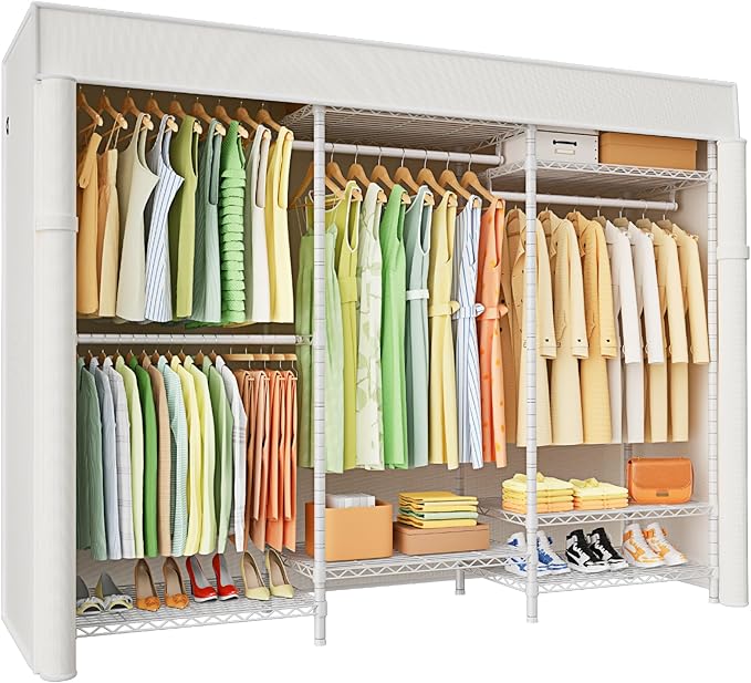 Ulif E13C Heavy Duty Closet Organizer System，Freestanding Clothing Racks for Hanging Clothes，Adjustable Garment Rack 63" W x 16" D x 77" H Hold 960 lbs，White Clothing Rack with White Dustproof Cover