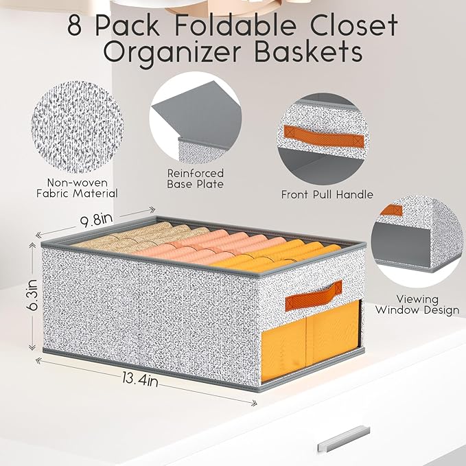 Homsorout Drawer Organizers and Storage - 8 Pack Foldable Pants Organizer with Clear Window & Handles, Fabric Closet Organizer for Clothes, Jeans, Sweaters, Towels, T-shirt, Scarf (Ant Light Gray)