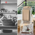 Freestanding Towel Rack for Bathroom, 3-Tier Durable White Metal Stand with Wheels and Basket, Towel Drying Rack, Multi-Use Blanket Rack for Indoor/Outdoor Bathroom