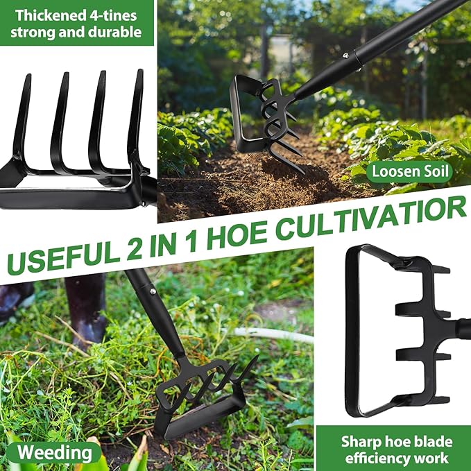 Garden Hoe for Weeding, Heavy Duty Hoe Garden Tool, 62" Long Handle Stirrup Hoe Cultivator, 2 in 1 Action Scuffle Hula Push Pull Hoe Manual Weeder for Gardening Landscaping Loosening Soil