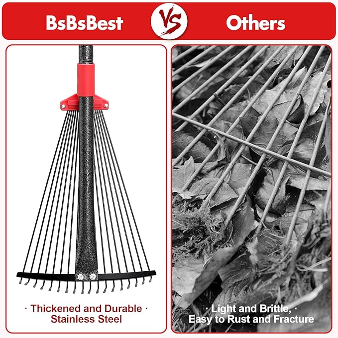 BsBsBest 61 Inch Rake for Leaves with 18 Metal Tines 10-18" Expandable Head Rakes Adjustable Handle for Lawn Leaf Rake Yard Tools for Collecting Leaves, Grass Clippings, Garbage
