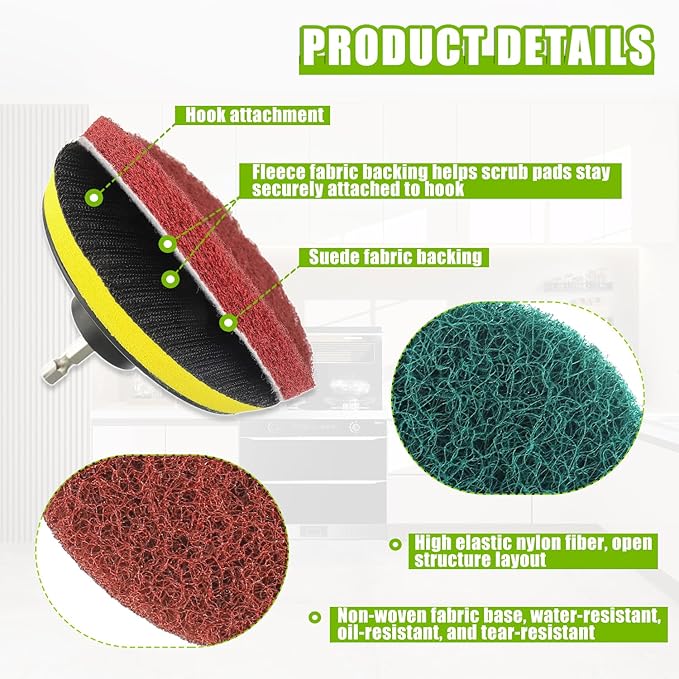 5 Inch Scrub Drill Brush Power Scouring Pads Household Cleaning Set for Kitchen Bathroom 4 Red Pads 4 Green Pads 1 Drill Attachment and 1 Universal Shaft
