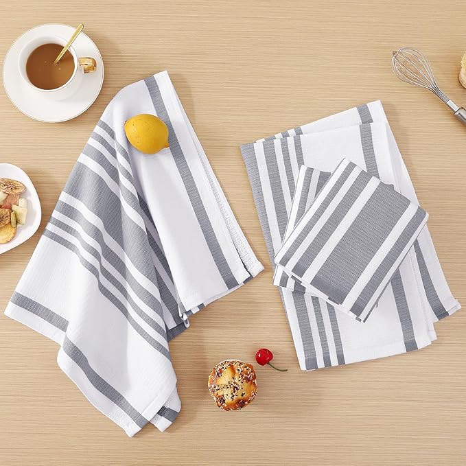Homaxy Premium Kitchen Towels 18”x 28”, Large Cotton 380 GSM Kitchen Hand Towels, Stripe and Terry Dish Towel, Highly Absorbent Tea Towel Set with Hanging Loop, 12 Pack, Grey