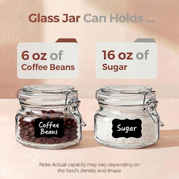 17oz - 6 Pack Square Glass Jars with Airtight Lid, Wide Mouth Mason Jars with Clamp Lids, Air Tight Glass Canisters, Best Food Storage Containers for Cereal, Pasta, Rice, Sugar, Coffee, Spice