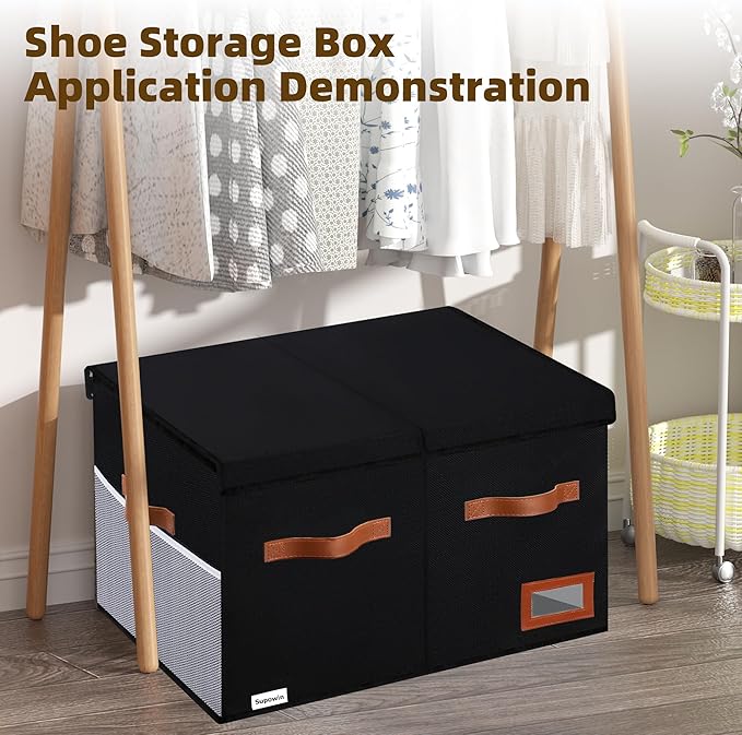 Supowin Shoe Organizer for Closet, Foldable Shoe Storage Bins with Lid & Adjustable Dividers, Fabric Shoe Box Storage Containers with Four Reinforced Handles, Fits 16 Pairs, 1 Pack, Black