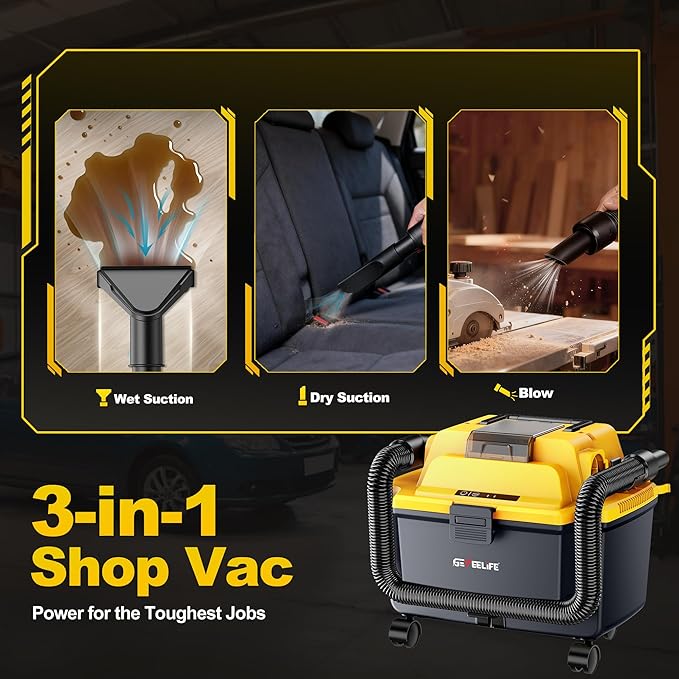 GEVEELIFE Cordless Shop Vac Wet and Dry, 4.3 Gallon Shop Vac with 5.0Ah Battery Powered, Fast Charger, HEPA Filter, Strap & Wheels, 3-in-1 Wet Dry Vacuum Cleaner for Garage, Car, Workshop