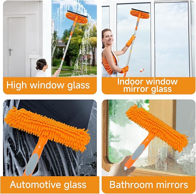 67" Squeegee Window Cleaner 2 in 1 Rotatable Window Cleaning Tool Kit with Extension Pole, Window Washing Equipment with Bendable Head for Indoor & Outdoor High Windows and Car Glass