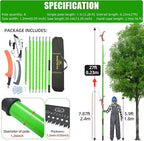 Manual Pole Saw for Tree Trimming, 27 FT Manual tree purner with 8 Fiberglass Handles, Sharp steel Blade and Heavy-Duty Giant Scissors, Extendable Design for Tree Maintenance, Green