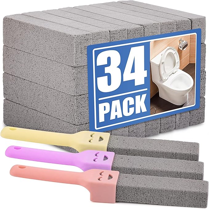 Navona 34 Pack Pumice Stone Scouring Sticks with 3 Universal Handles, Grey Pumice Stone for Cleaning Toilets, Bathrooms