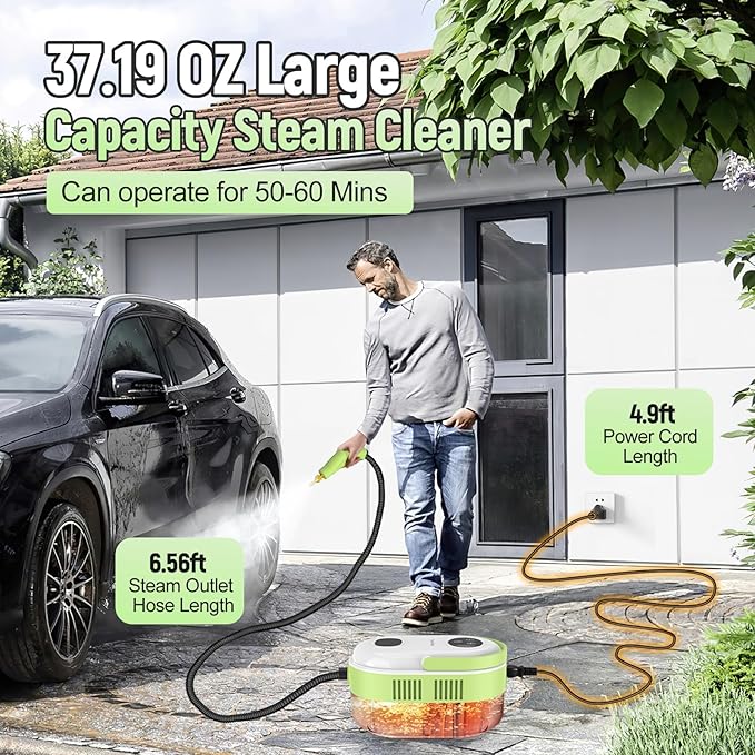 2500W Car Steam Cleaner for Home & Car, 10s Fast Heat Steamer for Cleaning, 6-Level Steam Control, Handheld Steam Cleaner with 37.19OZ Large Tank for Furniture, Grout, Tile & Floor(Green)
