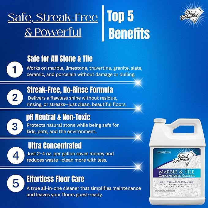 Black Diamond Stoneworks Marble & Tile Cleaner Gallon + Ultimate Grout Cleaner with Brush Quart (2-Pack) – Safe for Natural Stone, Deep Grout and Tile Cleaning to Restores Shine