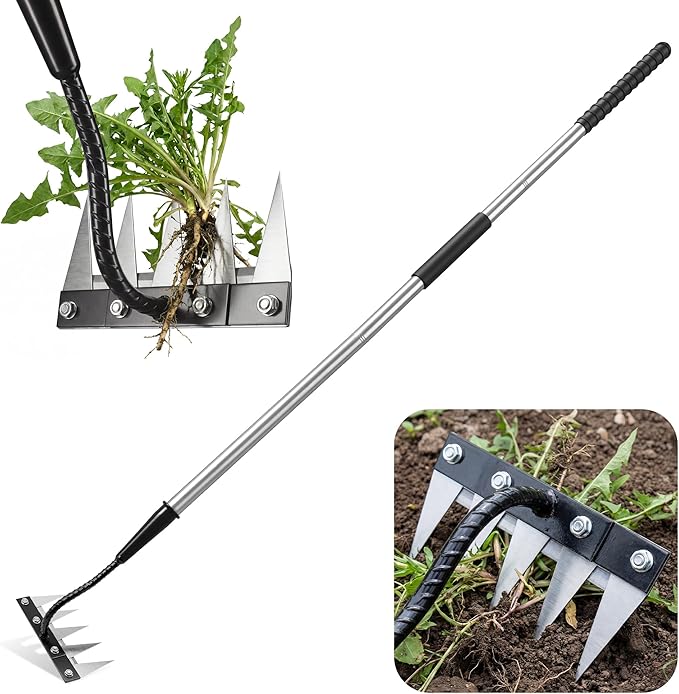 Iron Weeding Rake with Long Handle - Upgraded 5 Teeth Weed Puller Tool, Heavy Duty Manual Weeder Remover Tool for Weeding, Cultivating & Soil Aeration