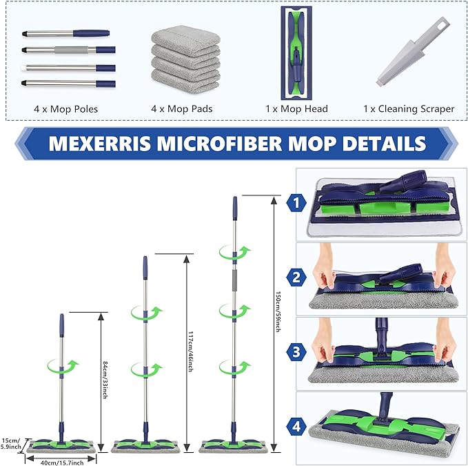 Microfiber Mops for Hardwood Floor Cleaning: MEXERRIS Flat Floor Mop with 4 Washable Pads 59" Adjustable Handle - Dust Dry Mops for Kitchen Bathroom Tile Laminate Wood Vinyl - Home Commercial Mop
