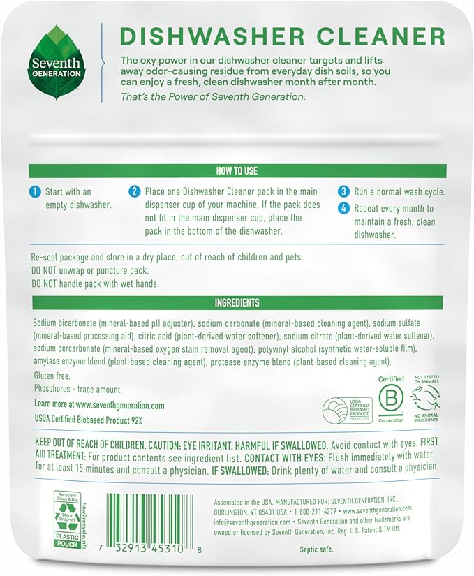 Seventh Generation Dishwasher Cleaning Packs 6 Count Free & Clear Removes odor-causing residue Powered by oxy power