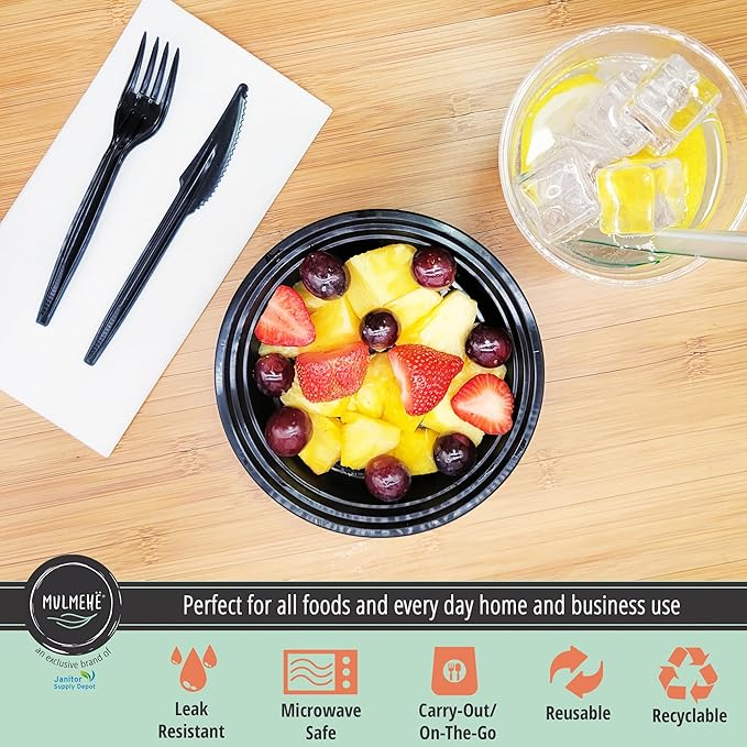MULMEHË Plastic Meal Prep Take-Out Container and Lid Combo, 24 oz, Microwaveable, Round, Black, 7x1.5”, Set of 150