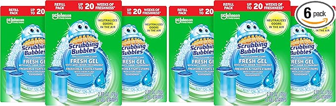 Scrubbing Bubbles Fresh Gel Toilet Bowl Cleaning Stamps Refills, Helps Keep Toilet Clean and Helps Prevent Limescale & Rings, Rainshower Scent, 12 Count (Pack of 6)