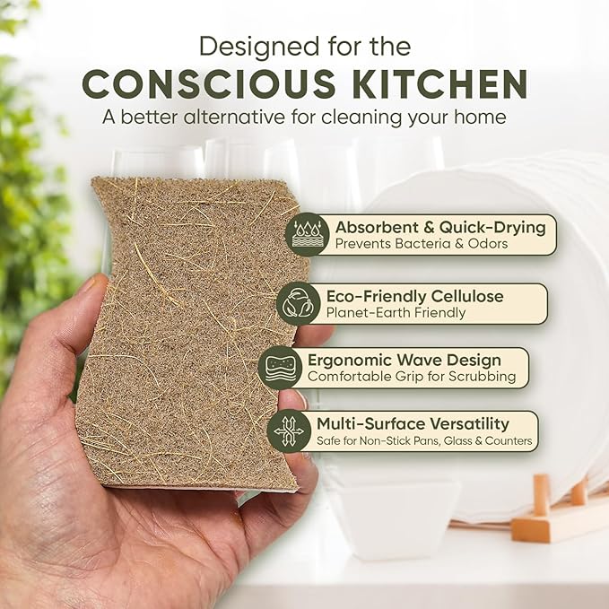 Plant-Based Kitchen Sponges (24 Pack) | USDA Biobased Certified | FSC & PETA Approved | Natural Cellulose & Coconut Scrubber Sponge | S-Shaped Design | Eco-Friendly, Non-Scratch, Non-Toxic & Vegan