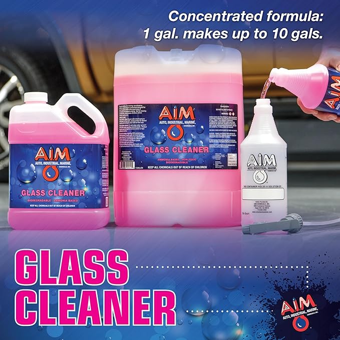 AIM Chemicals Ammoniated Glass Cleaner Concentrate - Streak-Free Shine for Windows, Cars, Homes, Offices - Dilutes 10:1 - Removes Dirt, Grime, Fingerprints - Ideal for Glass Spray Bottles - Gal