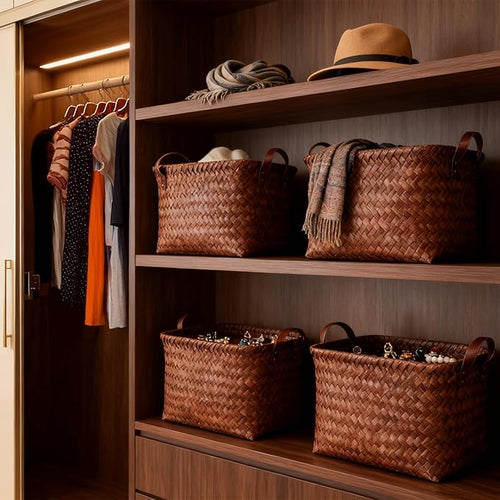 15L Laundry Baskets Waterproof Storage Baskets For Shelves Large Laundry Hamper With Leather Handle -set of 6 Cube Organizers Woven Bins for Bathroom,Bedroom,Pantry,Clothes,Car & Towels-Brown