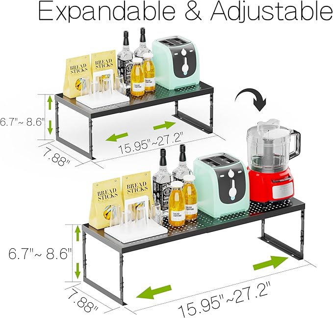 Jojocross Adjustable Stackable Metal Storage Shelf Organizer - Expandable Wire Rack with Perforations for Kitchen, Pantry, Bathroom, Cabinet & Office-Compact, Durable & Sturdy (2PACKS/Medium/Black)