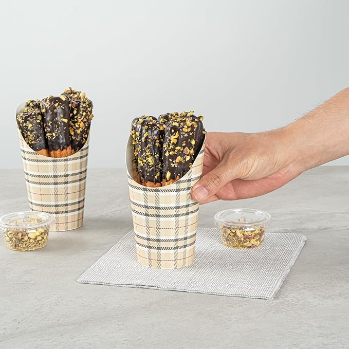 Restaurantware Bio Tek 16 Ounce French Fry Containers, 100 Disposable Charcuterie Cups - Incline Design, Round, Plaid Paper French Fry Cups, Stackable, For Waffles, Chips, or Popcorn