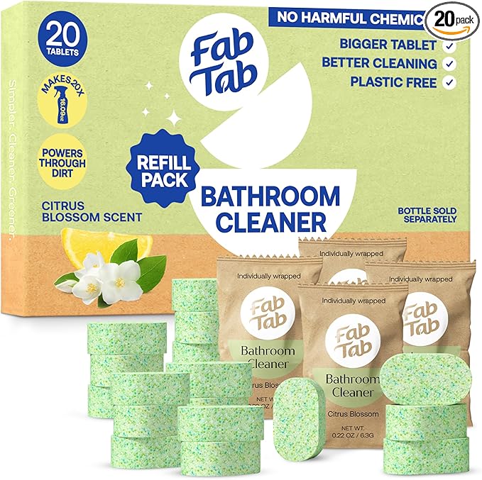 Fab Tab Bathroom Cleaning Spray Refill Tablets - All-Purpose Cleaner Spray Tablets - Natural Cleaning Products - Plant-Based - Citrus Scent- No Harsh Chemicals - (bottle not included) (20)