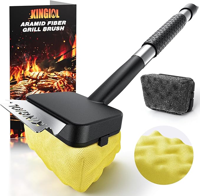 Grill Brush for Outdoor Grill - Bristle Free Grill Cleaner Brush, Steam BBQ Grill Brush with Durable Scraper for Cast Iron or Stainless-Steel Grates, 2 Replaceable Heat-Resistant Heads (Yellow)