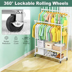 Double Rods Clothes Rack for Hanging Clothes, Heavy Duty Rolling Clothing Rack with Wheels, Freestanding Garment Racks with Oxford Bottom Shelf and Mesh Bottom Shelf for Bedroom Laundry (White)
