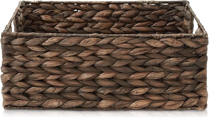 Casafield Set of 4 Water Hyacinth Pantry Baskets, 10" x 13" x 5", with Chalkboard Labels and Chalk Marker - Espresso, Woven Storage Bin Organizers for Kitchen Shelves