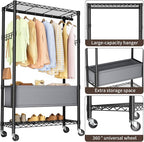 Heavy Duty Clothes Rack Rolling Garment Rack,3 Tier Adjustable Wire Shelving Clothing Racks for Hanging Clothes with Double Rods&Side Hooks,Freestanding Wardrobe Storage Rack Metal Portable Closet