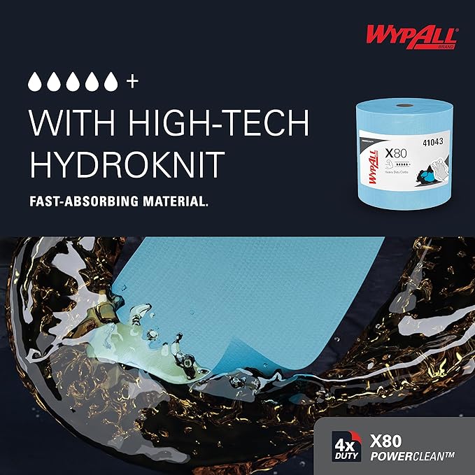 WypAll PowerClean X80 Cloths Heavy Duty Wipes (41043), Jumbo, Extended Use Towels, Blue (1 Roll of 455 Sheets, 455 Sheet Total)